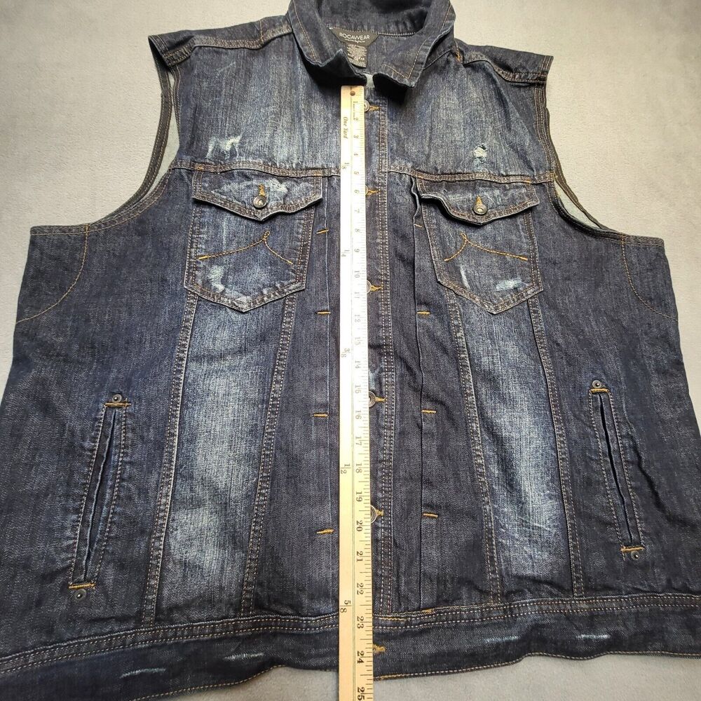 ROCAWEAR‎ Denim Jacket Mens 48 Dark Wash Jean Vest Distressed Sleeveless Trucker - Picture 3 of 6
